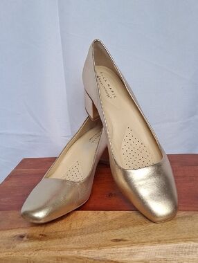 Alex Marie Metallic Gold Block Heel Pumps 7.5